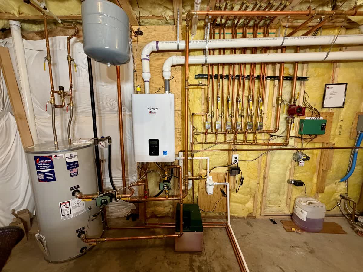 Navien boiler, Bradford White tank, and copper zone manifold — Grants HVAC