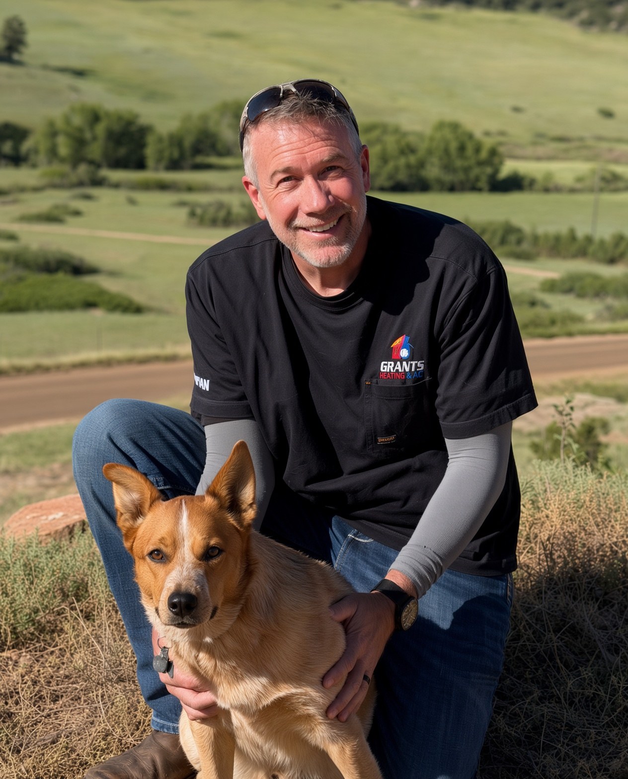 Grant McVay, owner of Grants Heating & Air, with his dog in Northern Colorado